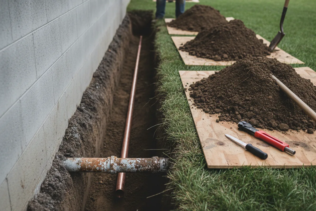 Excavated water line trench during Sewer Line Repair in Mona
